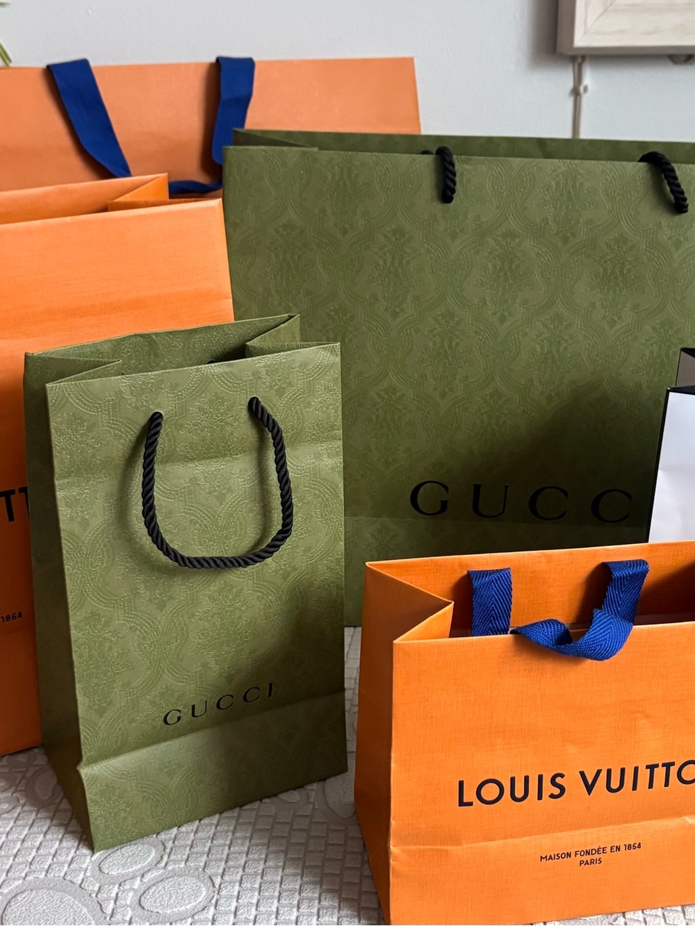Gucci Olive Green Paper Shopping Bags with Black Rope Handles